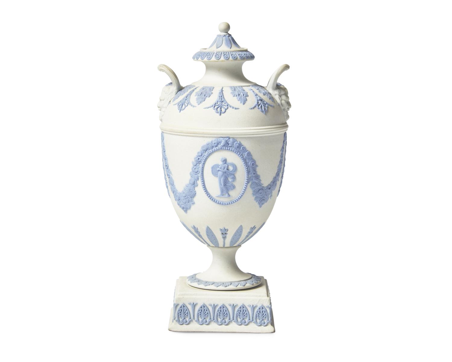 A Rare Wedgwood White and Blue Jasperware Covered Urn