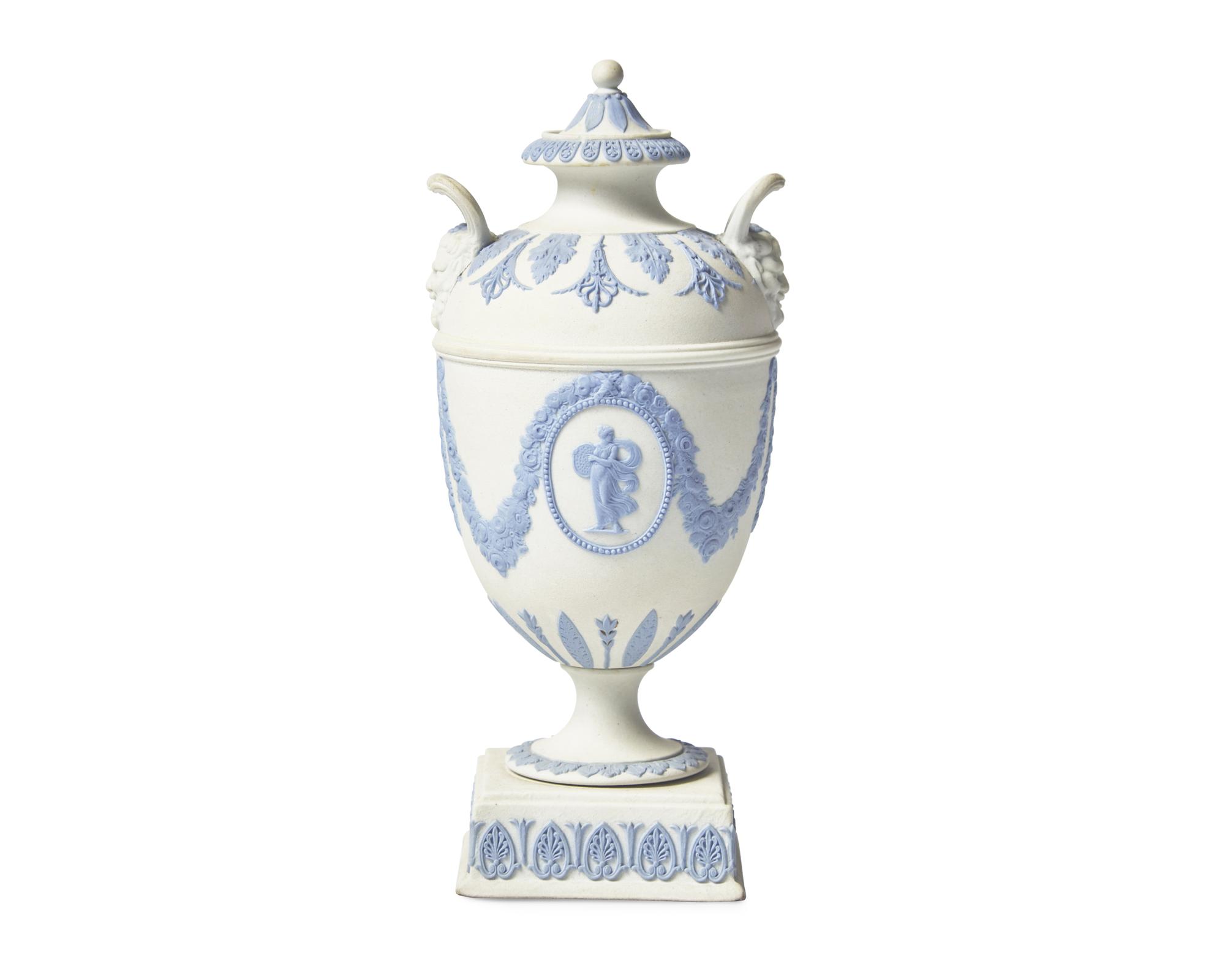 A Rare Wedgwood White and Blue Jasperware Covered Urn
