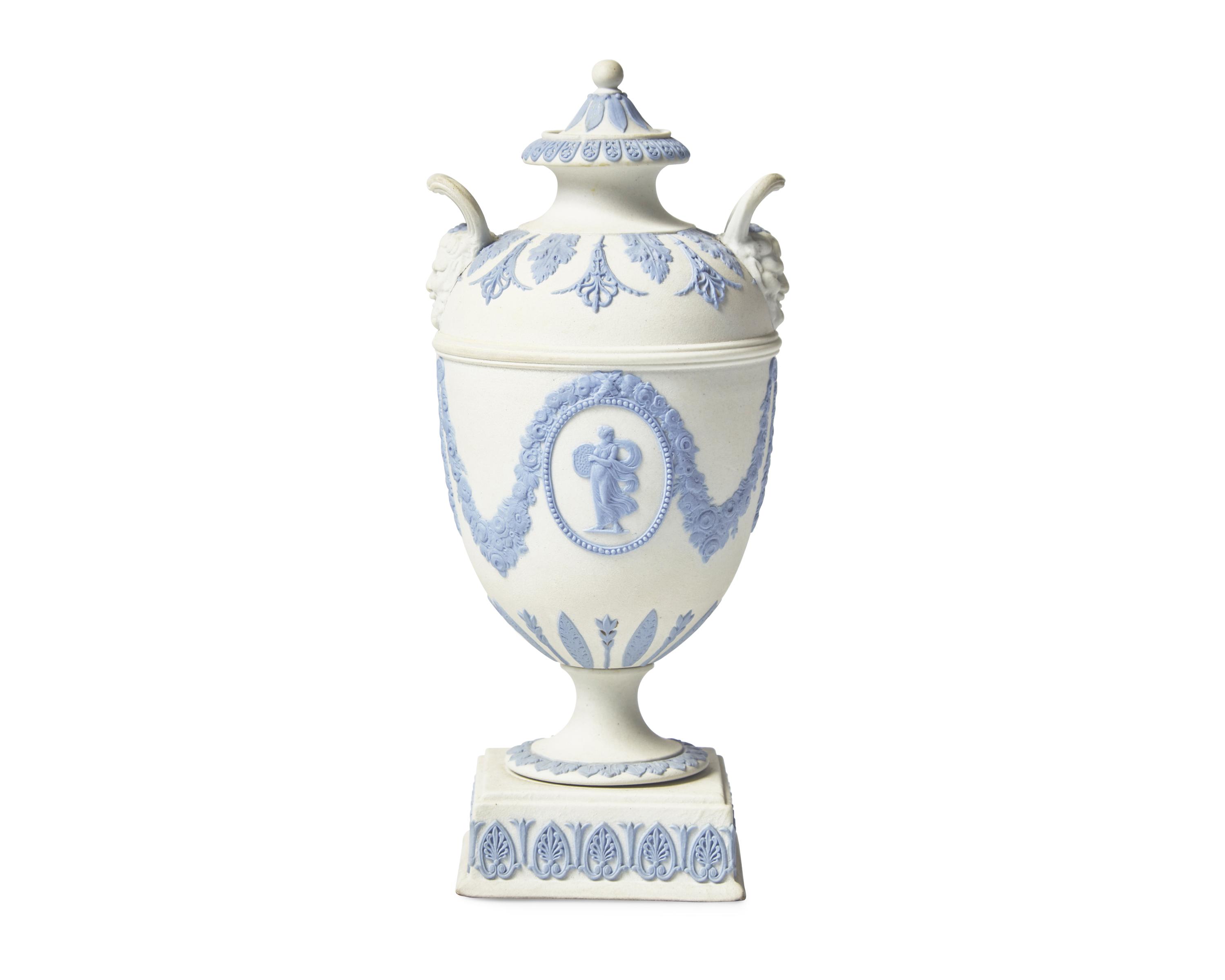 A Rare Wedgwood White and Blue Jasperware Covered Urn