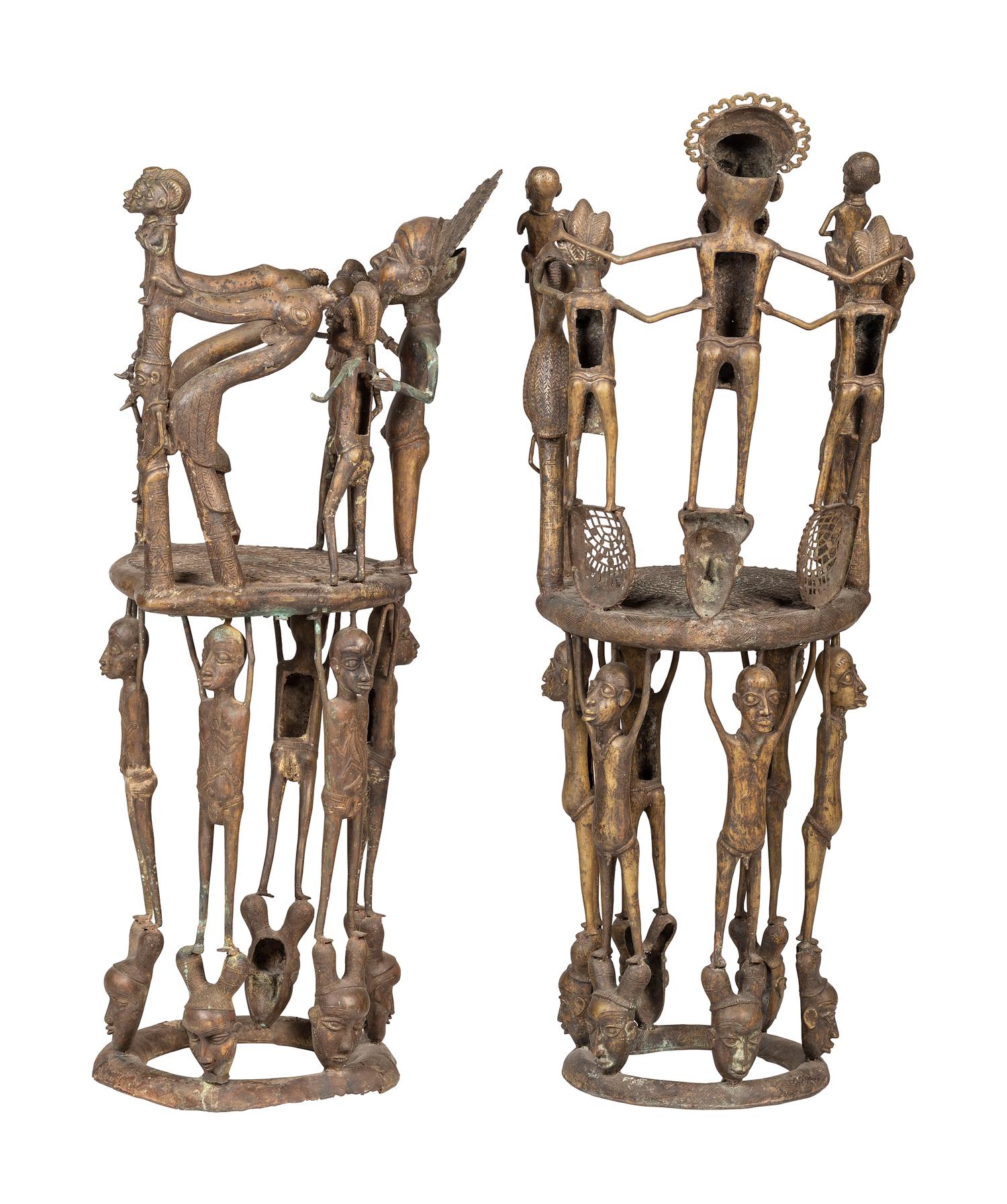Two Benin Bronze Figural Throne Chairs