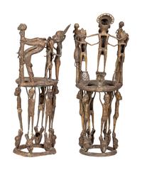 Two Benin Bronze Figural Throne Chairs