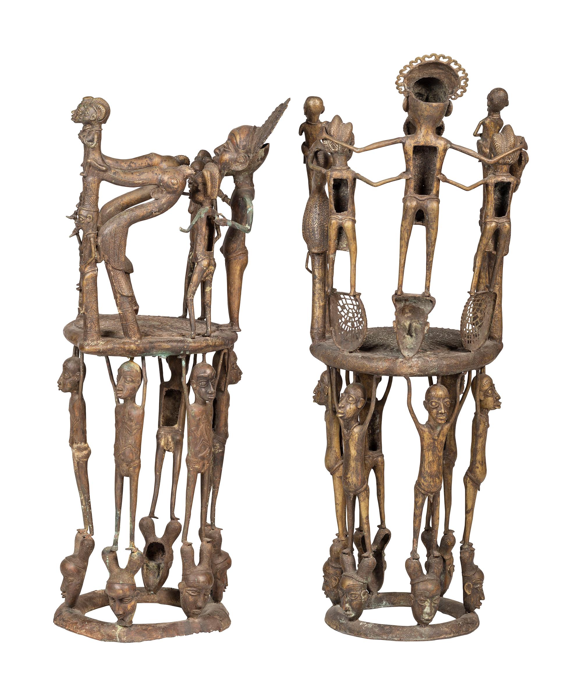 Two Benin Bronze Figural Throne Chairs