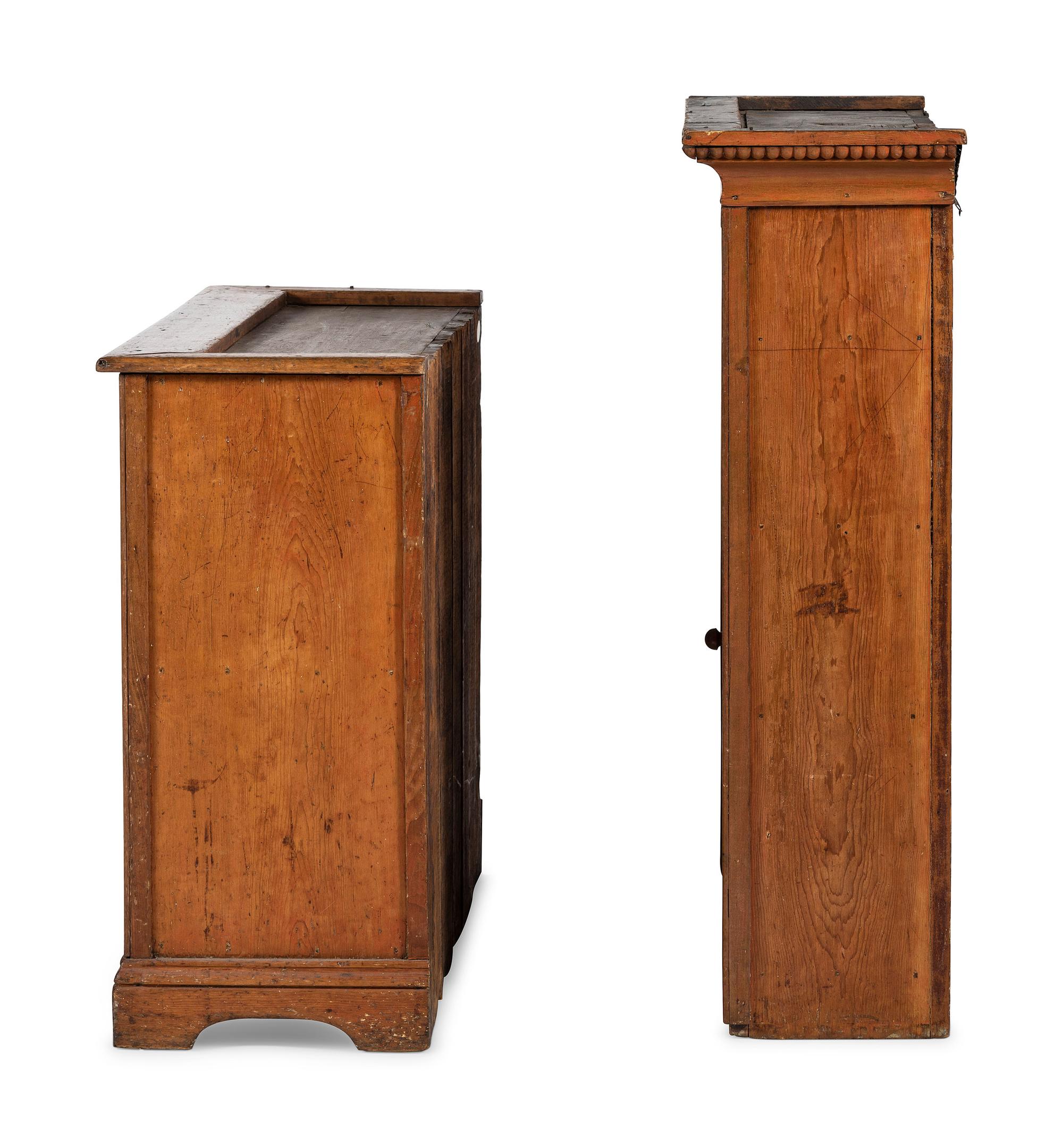 A Folk Art Carved and Paneled Pine Step-Back Cupboard