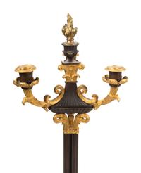A Pair of Louis Philippe Style Gilt and Patinated Bronze Three-Light Candelabra