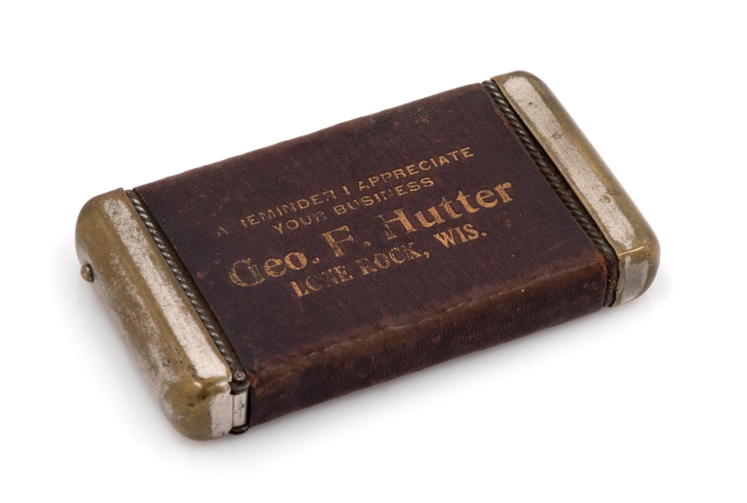 An American Leather and Mixed Metal Advertisement Match Safe Height 2 3/4 inches. — LATE 19TH CENTURY