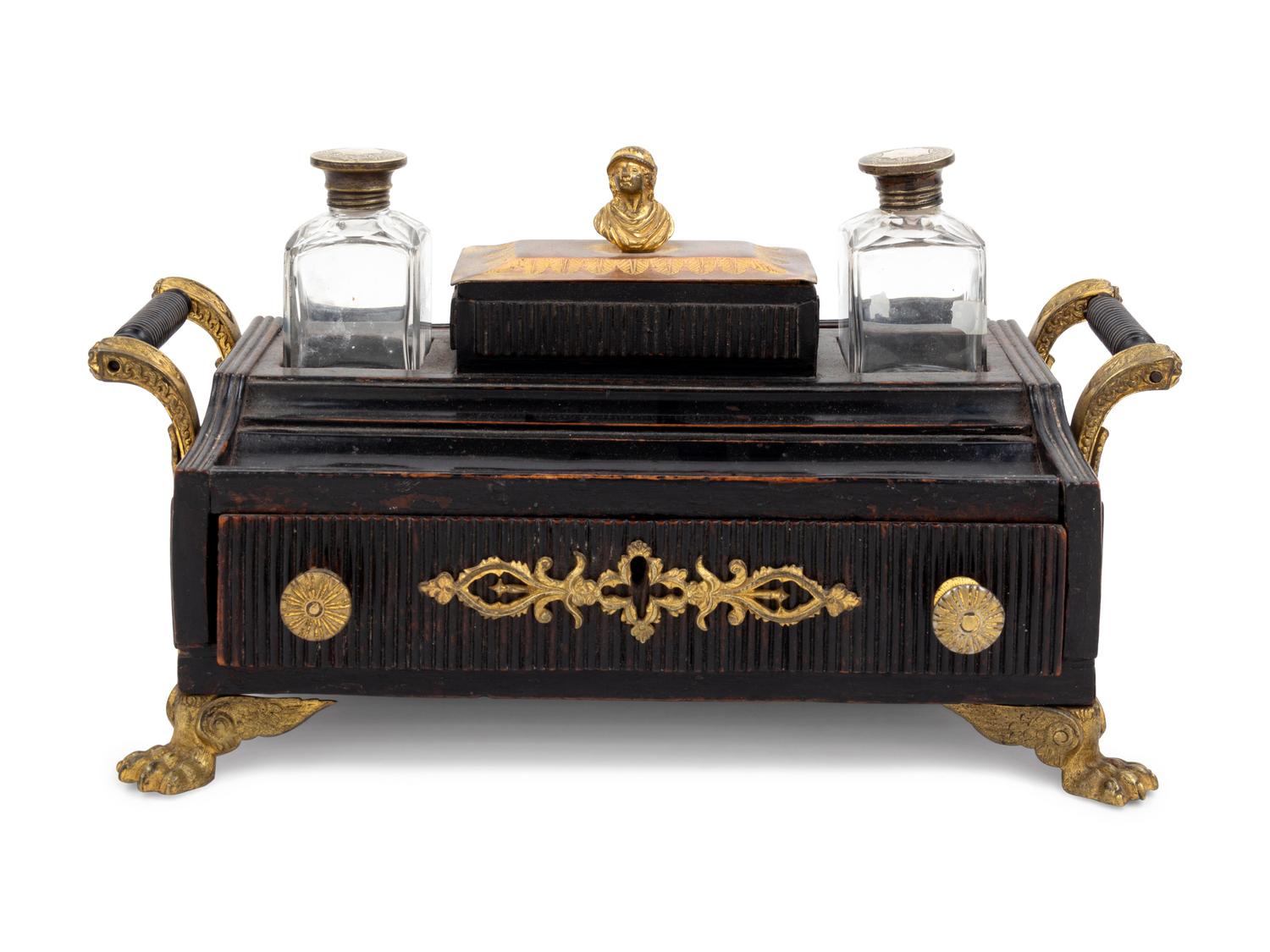 An Empire Style Gilt Bronze Mounted Ebonized Standish