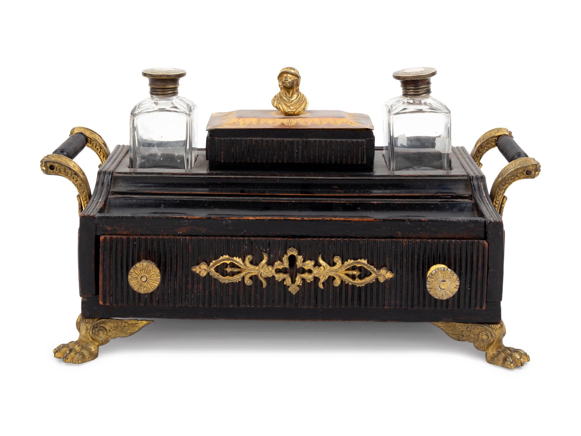 An Empire Style Gilt Bronze Mounted Ebonized Standish