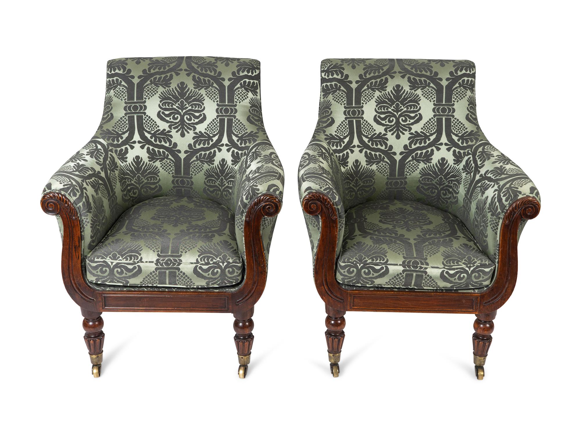 A Pair of Regency Faux Rosewood Upholstered Bergeres Attributed to Gillows — 19TH CENTURY