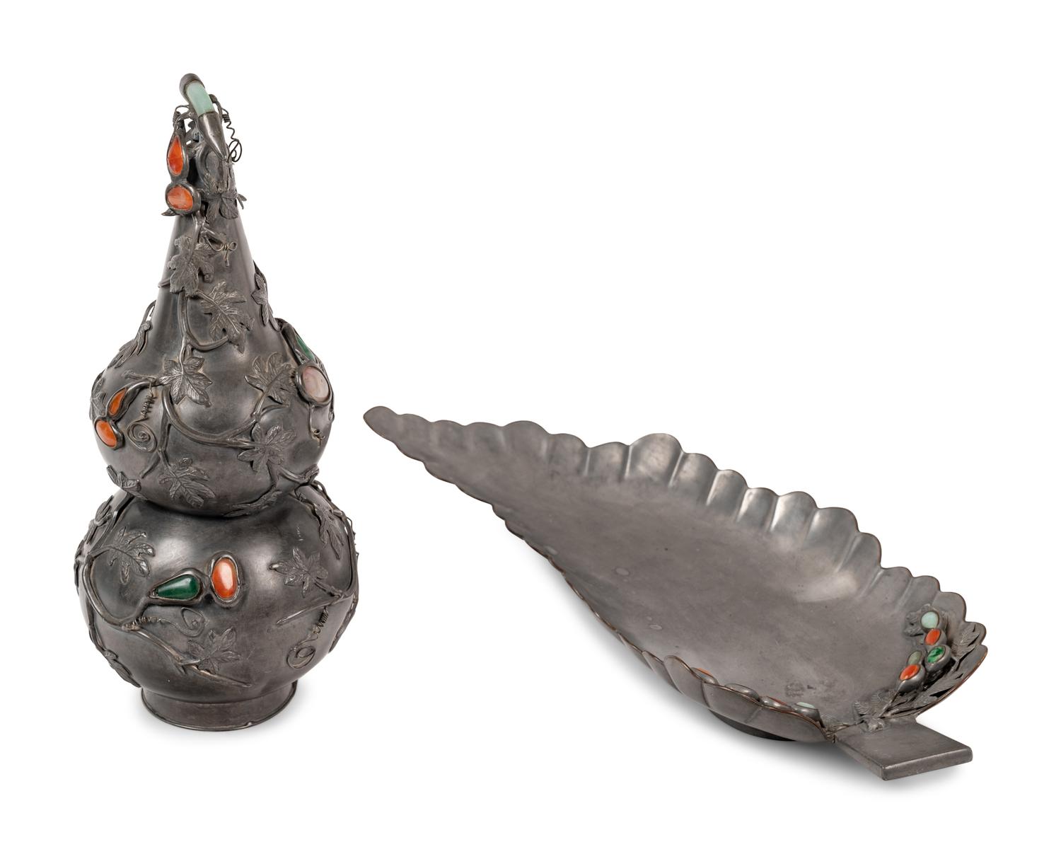 Two Chinese Hardstone Inset Pewter Articles