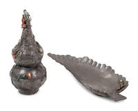Two Chinese Hardstone Inset Pewter Articles