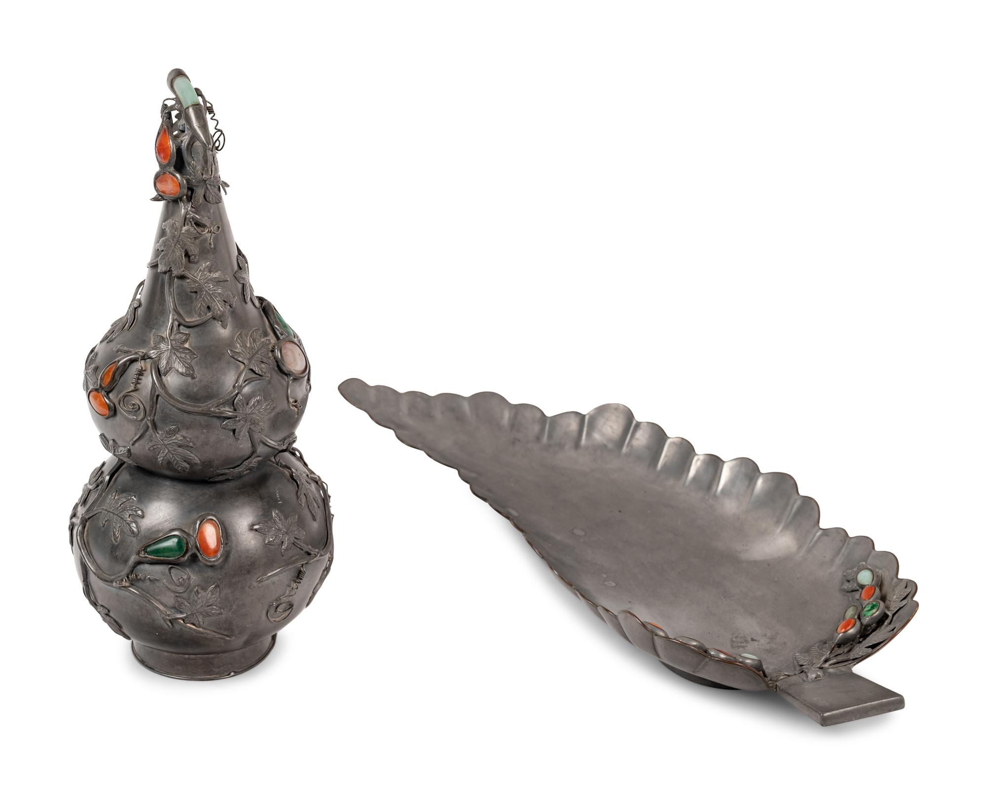 Two Chinese Hardstone Inset Pewter Articles