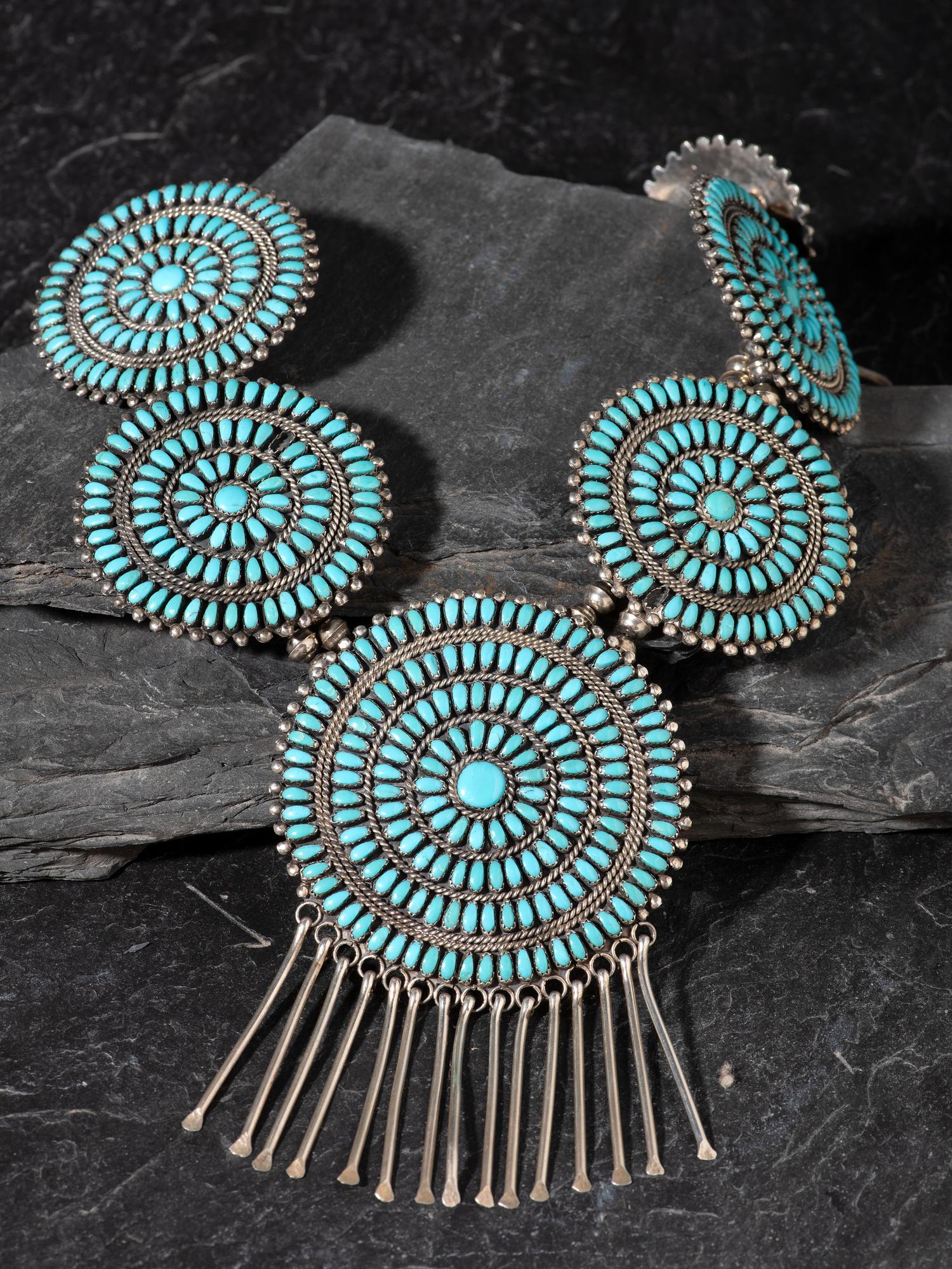 Navajo Sterling Silver and Turquoise Cluster Necklace