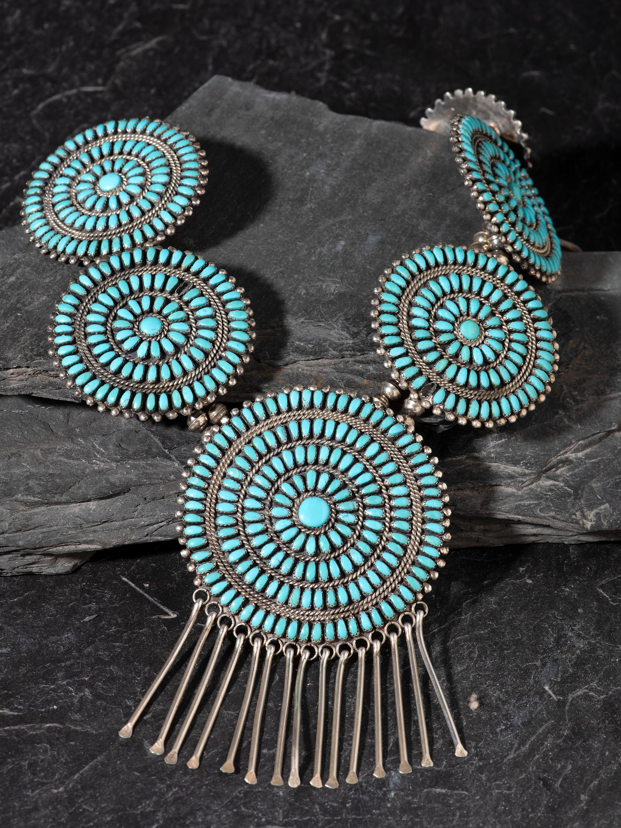 Navajo Sterling Silver and Turquoise Cluster Necklace