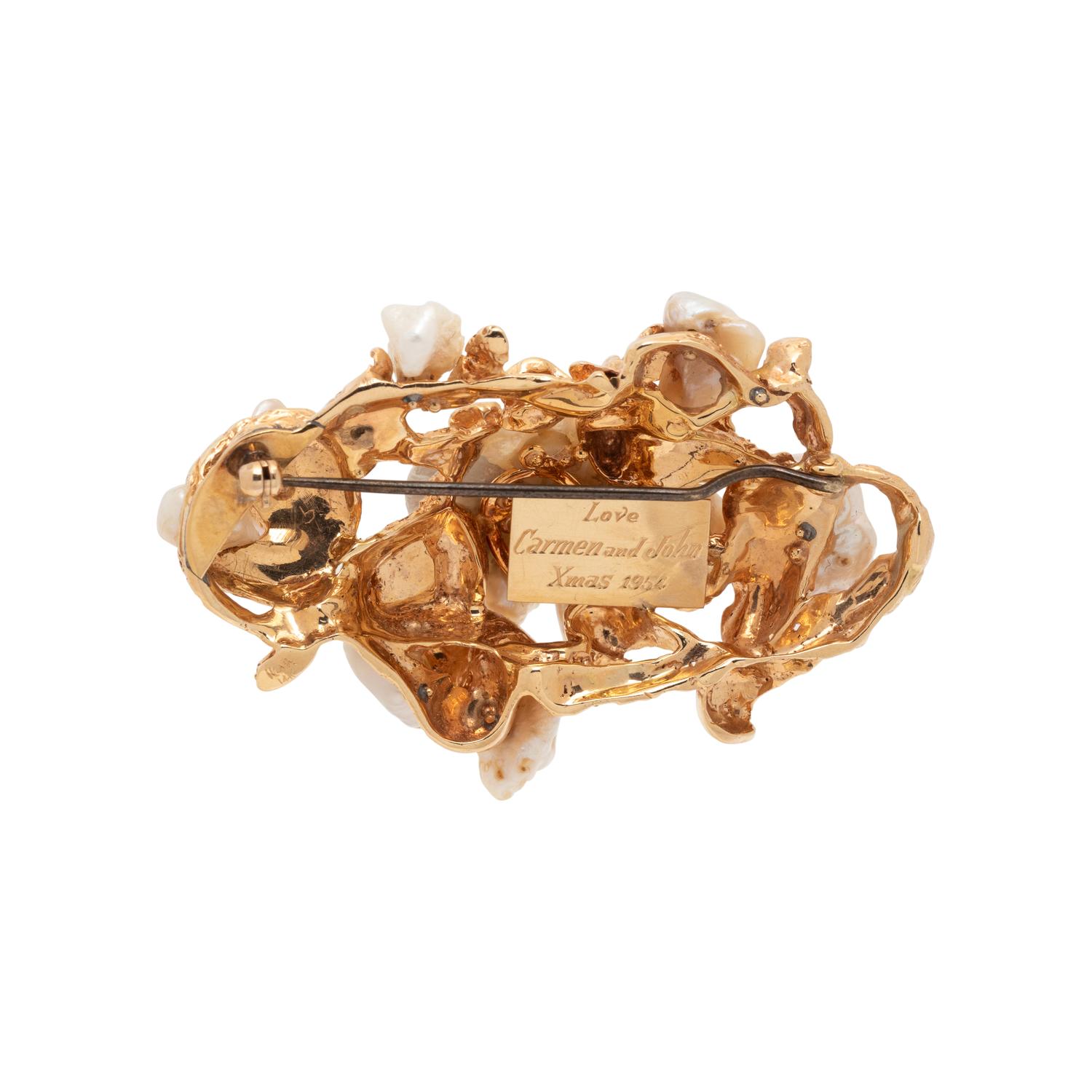 RUSER, YELLOW GOLD AND CULTURED PEARL BROOCH