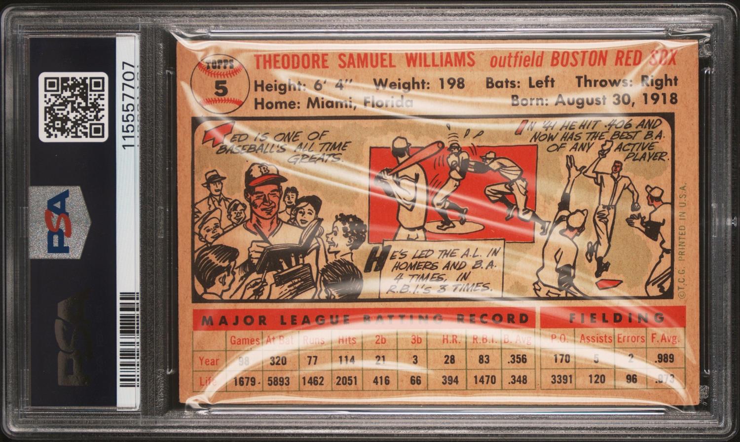 A 1956 Topps Ted Williams Baseball Card White Back No. 5 (PSA 4 VG-EX) from The Collection of David Eisenhower