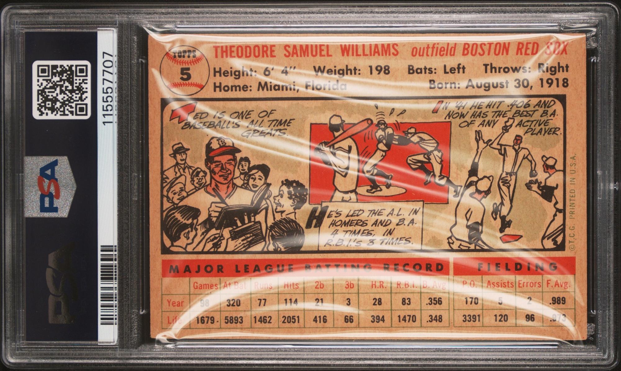 A 1956 Topps Ted Williams Baseball Card White Back No. 5 (PSA 4 VG-EX) from The Collection of David Eisenhower