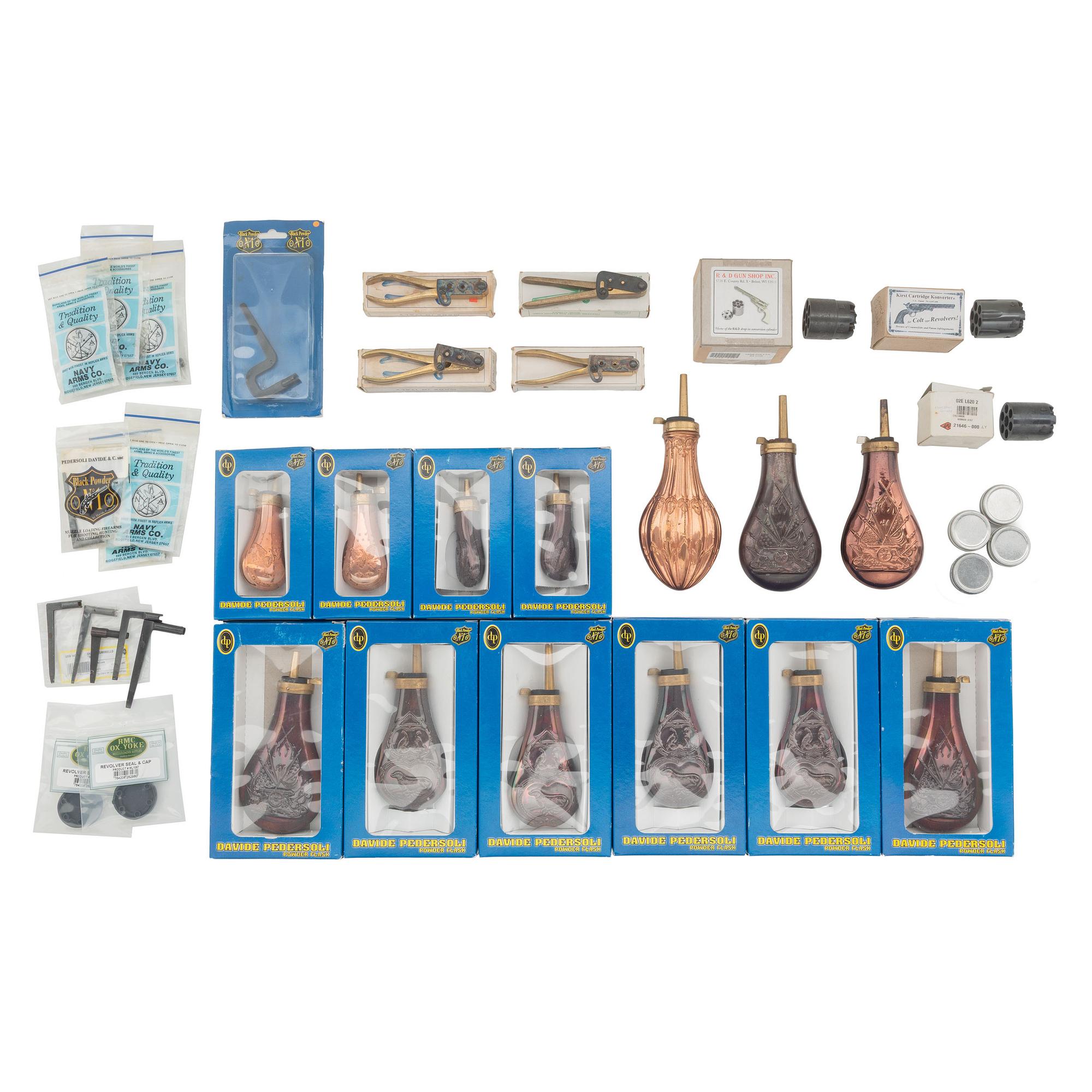 Lot of Reproduction Powder Flasks and Black Powder Tools