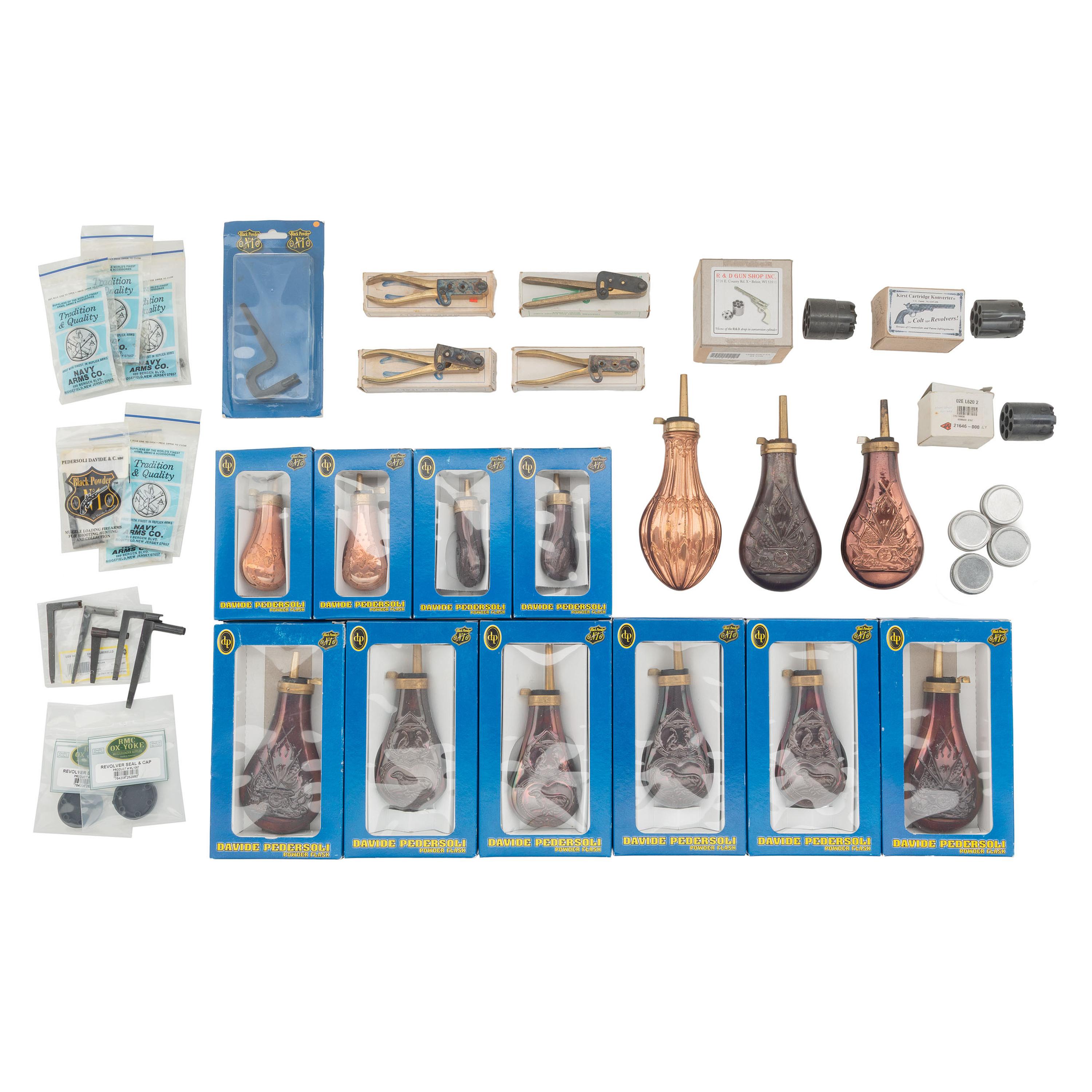 Lot of Reproduction Powder Flasks and Black Powder Tools