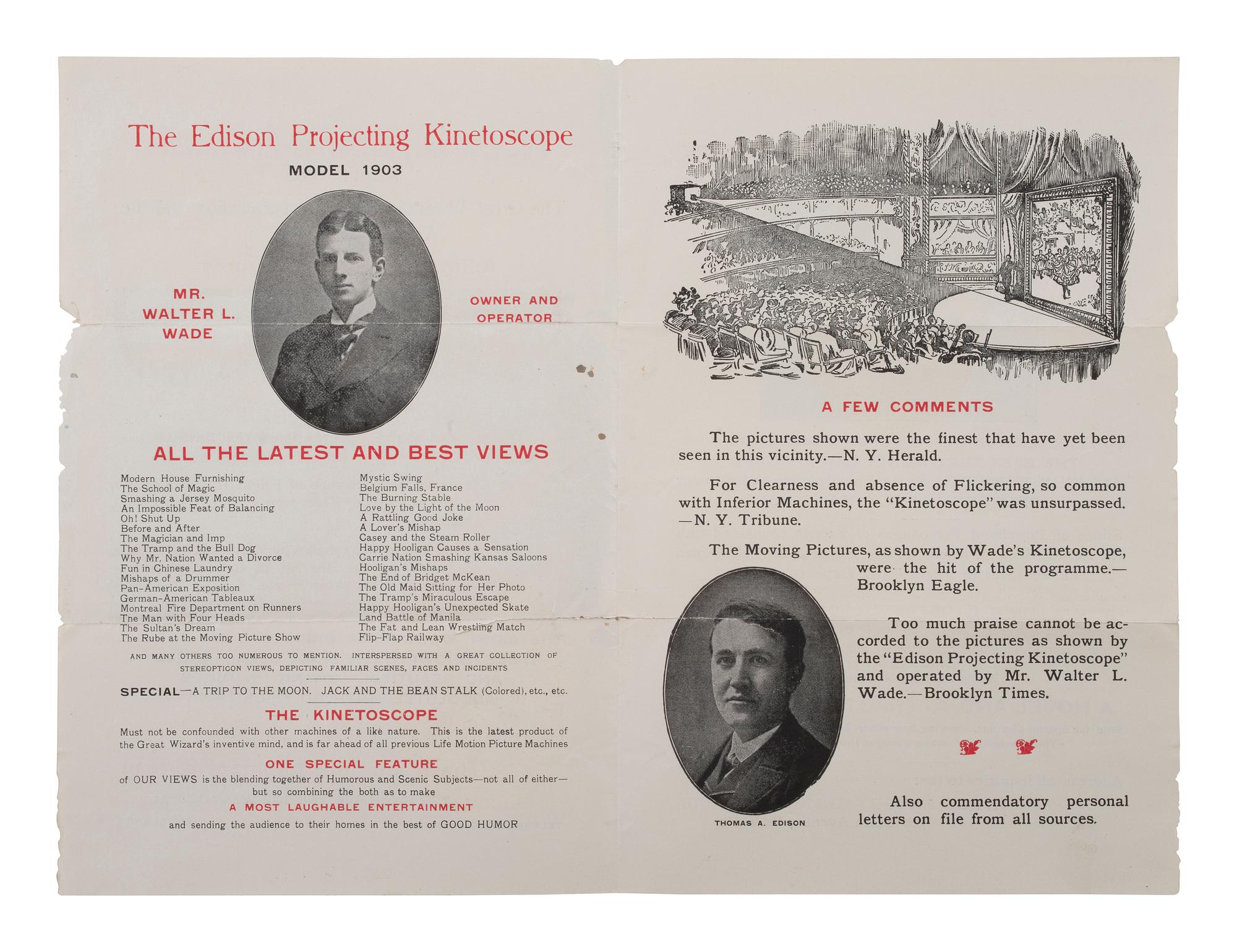 EDISON, Thomas (1847-1931). Typed letter signed ("Thos A Edison"). Orange, NY, 21 June 1921. [ With: ] Projecting Kinetoscope pamphlet.