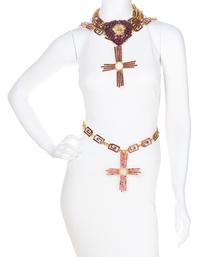 A Gianni Versace Purple Rhinestone Heart Choker and Chain Belt, Heart: 4" x 3.5"; Crosses: 5.5" x 4.5".
