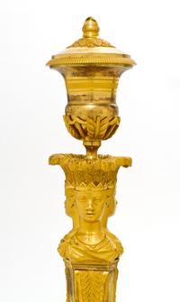 A Pair of Empire Gilt Bronze Candlesticks, EARLY 19TH CENTURY, Height 13 3/4 inches. — EARLY 19TH CENTURY,