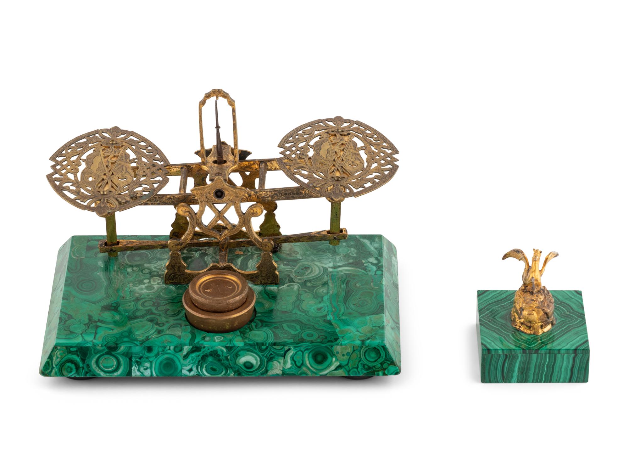 A Gilt Bronze and Malachite Balance Scale and a Similar Paperweight