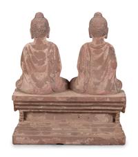 Two Chinese Carved Stone Seated Figures on a Rectangular Base with Remnants of Polychrome Decoration
