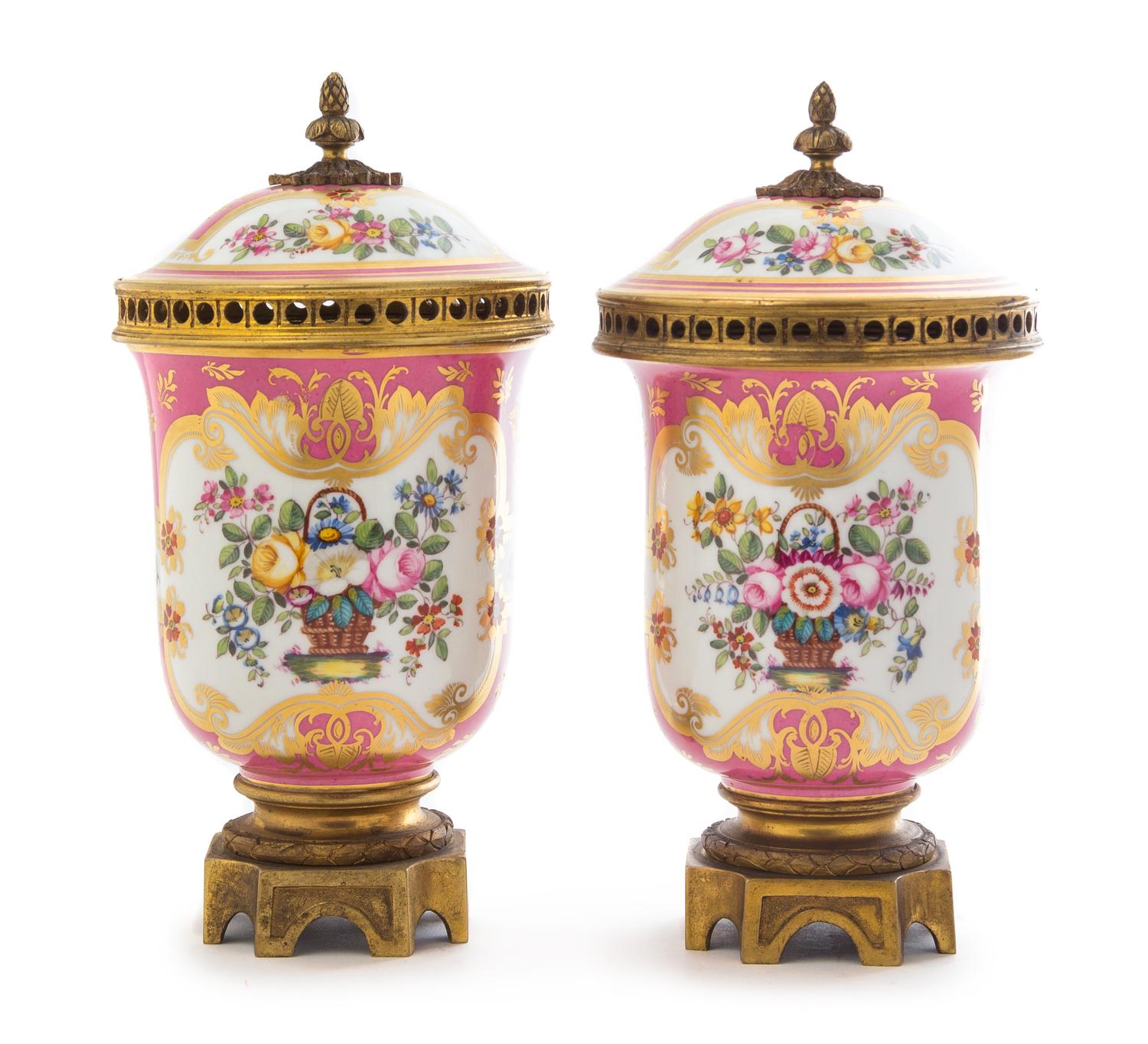 A Pair of Rockingham Porcelain Gilt Bronze Mounted Cache Pots Height 9 1/4 inches. — 19TH CENTURY
