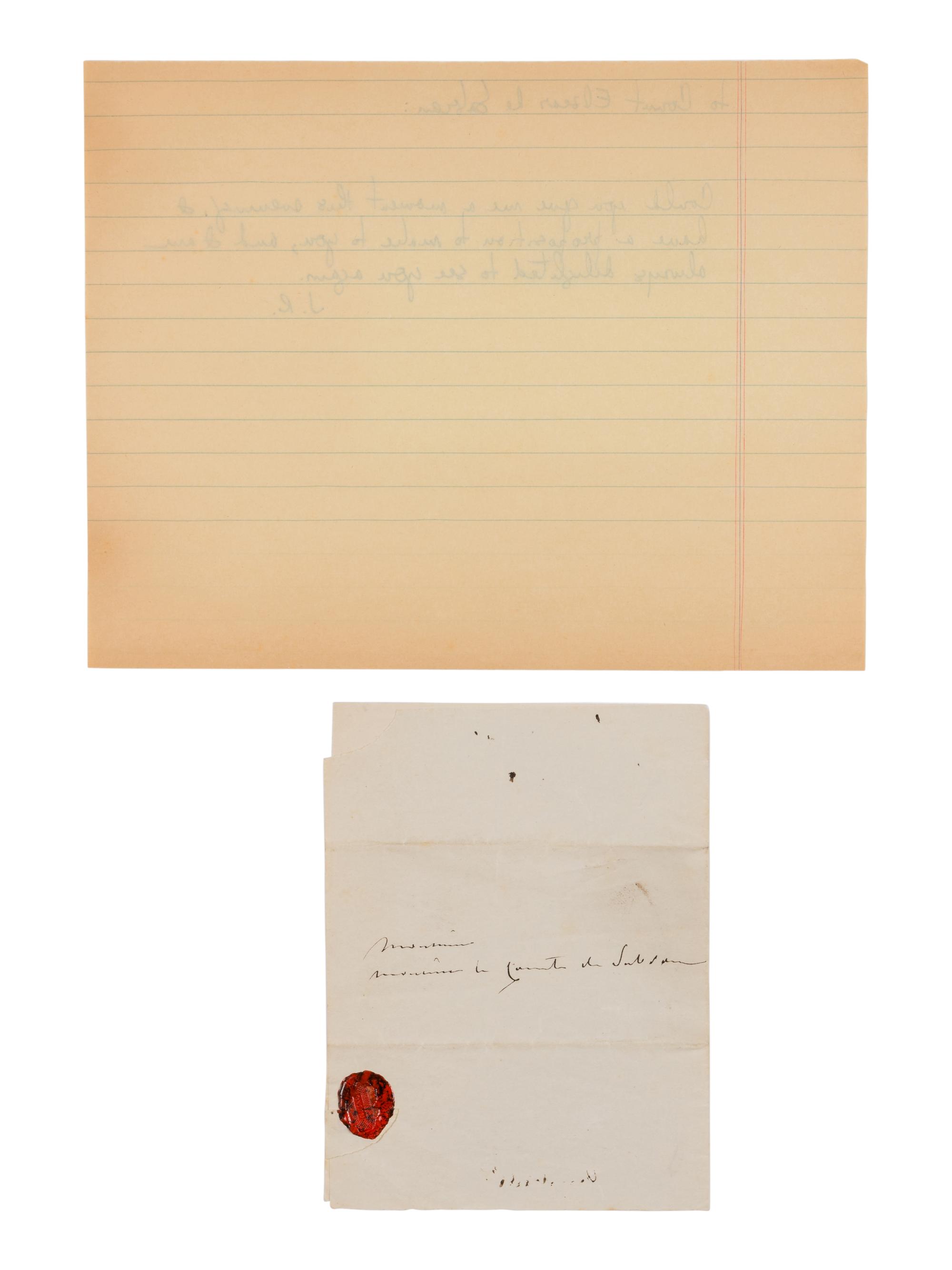 [ENGLISH & CONTINENTAL MANUSCRIPTS]. RECAMIER, Juliette (1777-1849). Autograph letter signed (with initials, "J.R.") to Elzear Louis Zozime, Duke of Sabran, undated.