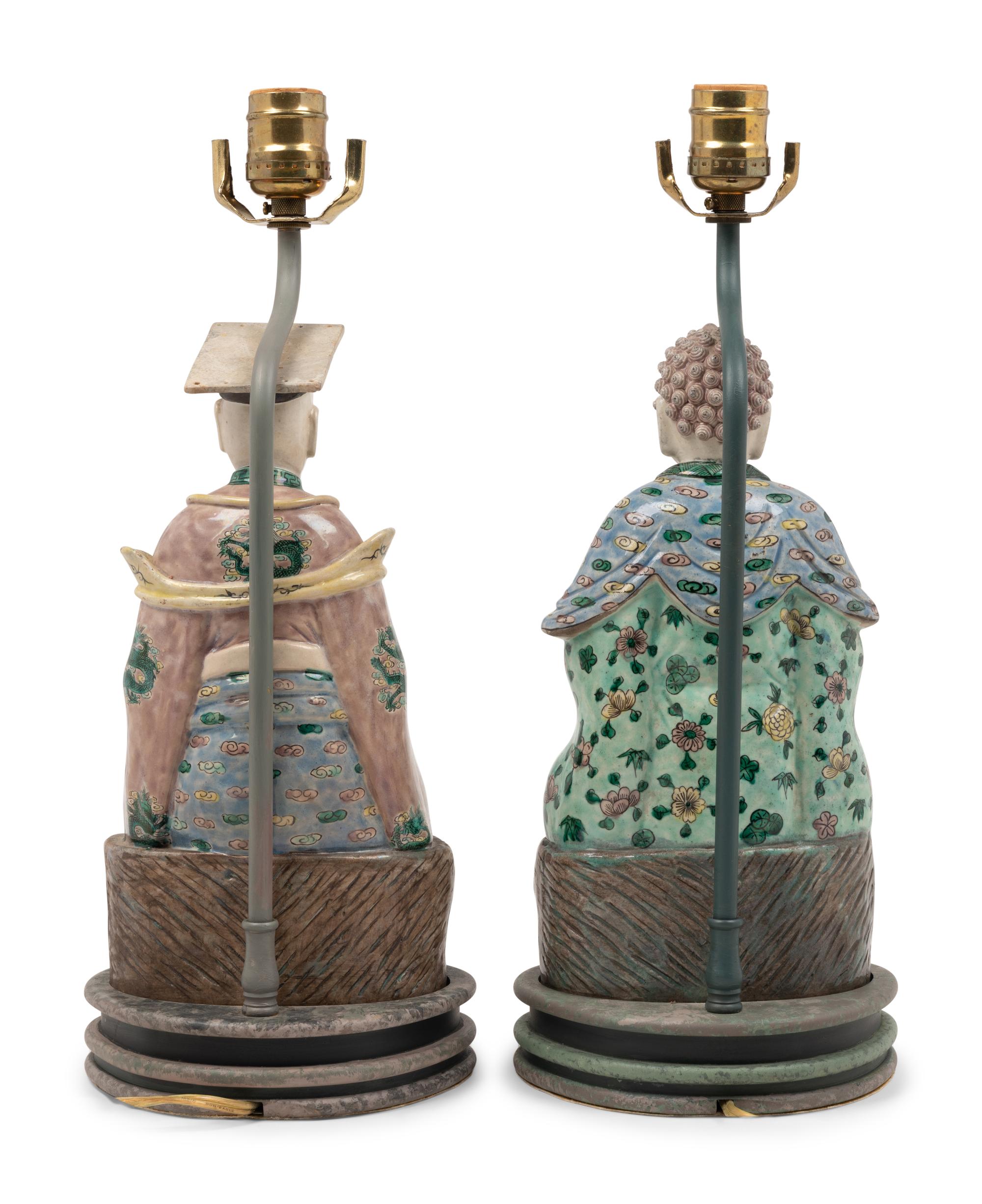 A Pair of Chinese Porcelain Figures Mounted as Lamps