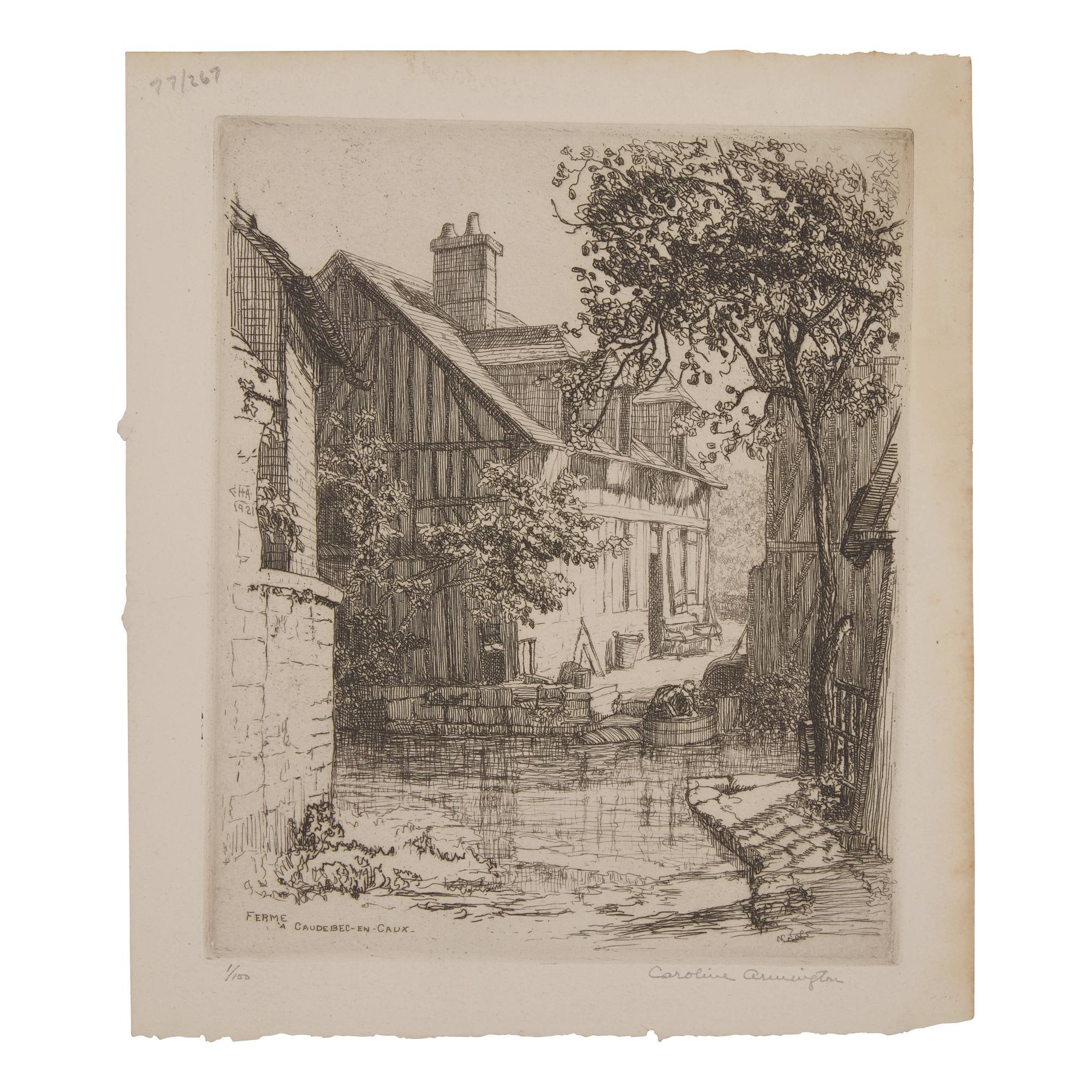 Caroline Helena Armington (American, 1875–1939) — Le Petit Pont a Moret , 1917; Together with Quoi Vert, Bruges , 1908 ; and Ferme a Caudebec-en-Caux , 1921 (Three Works)