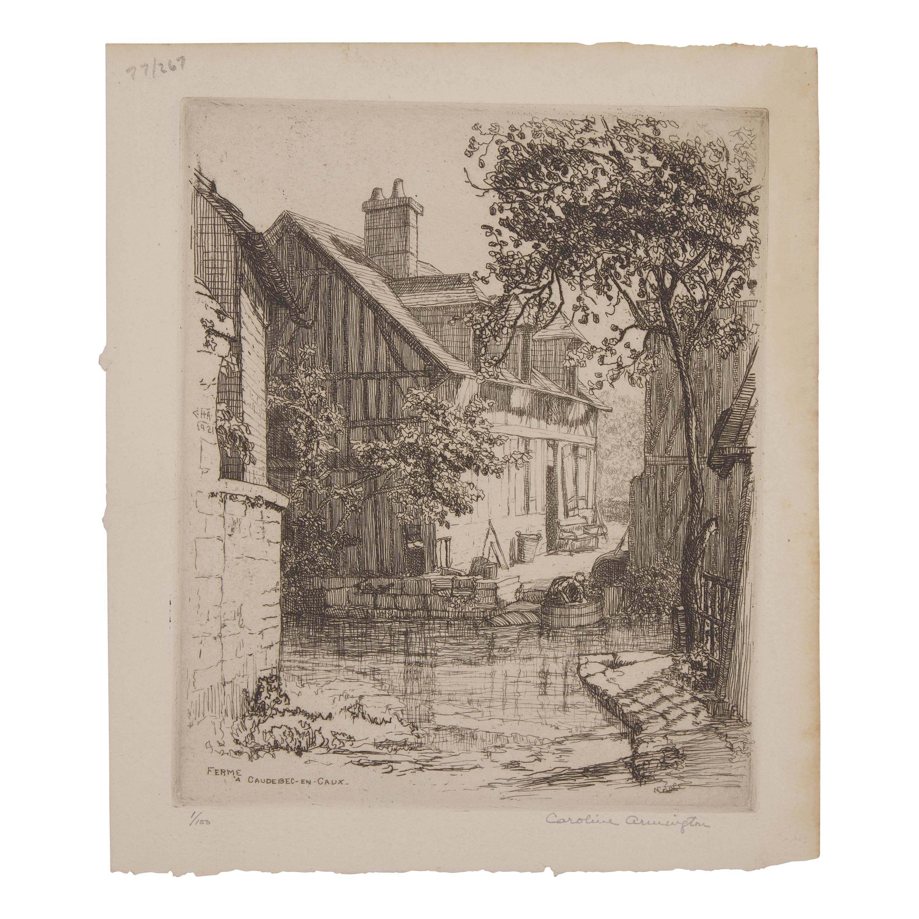 Caroline Helena Armington (American, 1875–1939) — Le Petit Pont a Moret , 1917; Together with Quoi Vert, Bruges , 1908 ; and Ferme a Caudebec-en-Caux , 1921 (Three Works)