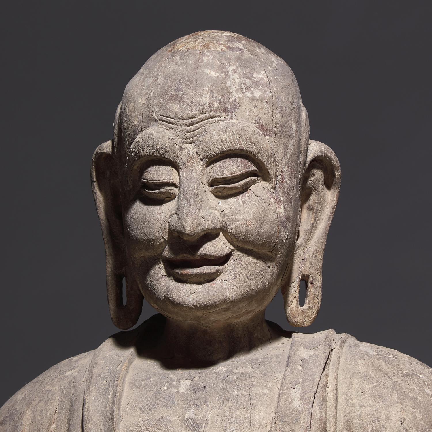 A Large Chinese Carved Wood Seated Figure of Luohan, Ming Dynasty 明 木雕大羅漢像