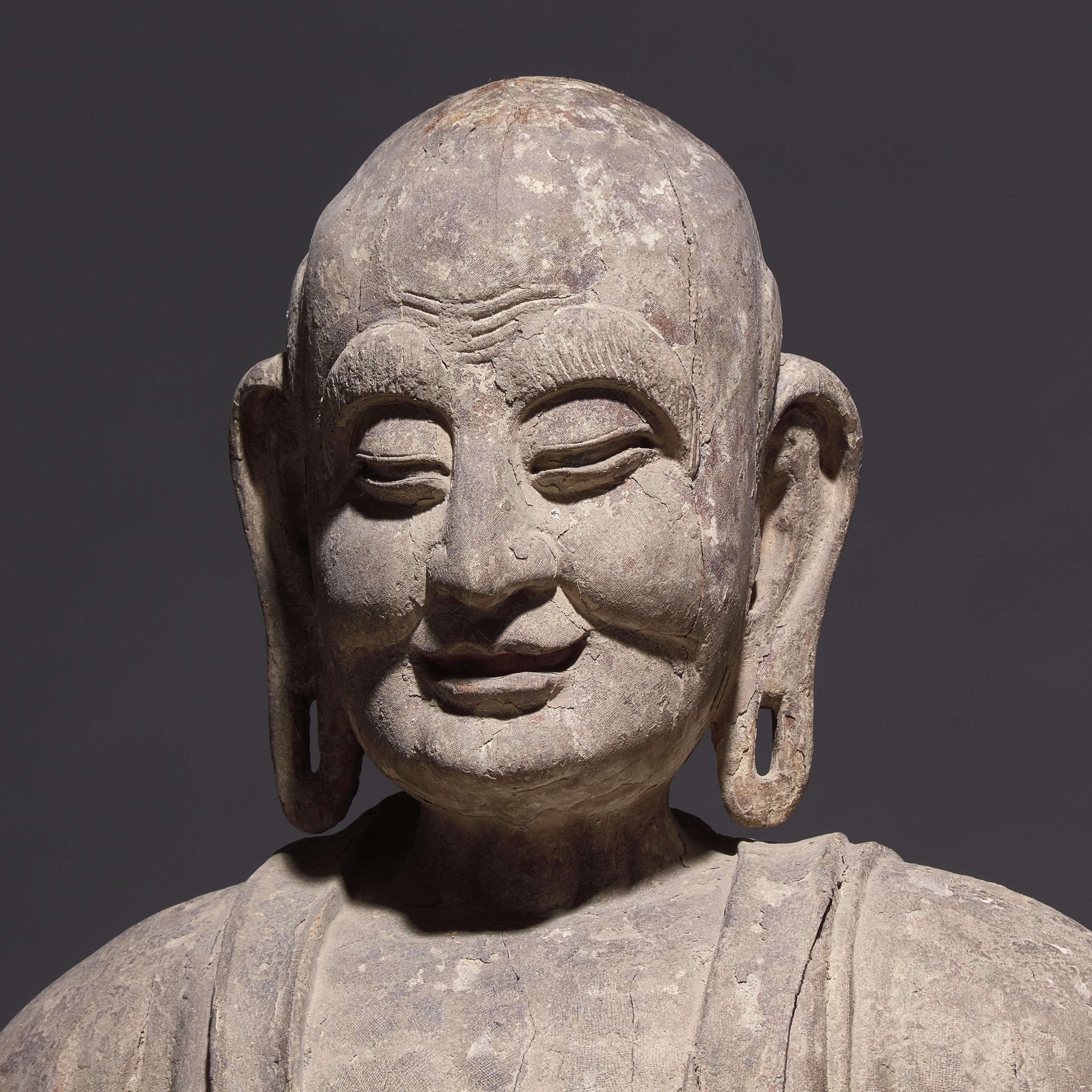 A Large Chinese Carved Wood Seated Figure of Luohan, Ming Dynasty 明 木雕大羅漢像