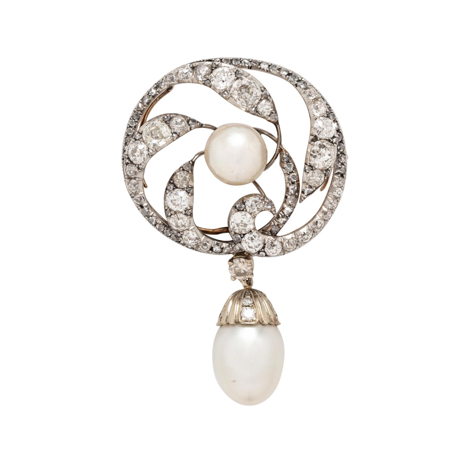 KOCH, BELLE ÉPOQUE, CULTURED PEARL AND DIAMOND BROOCH