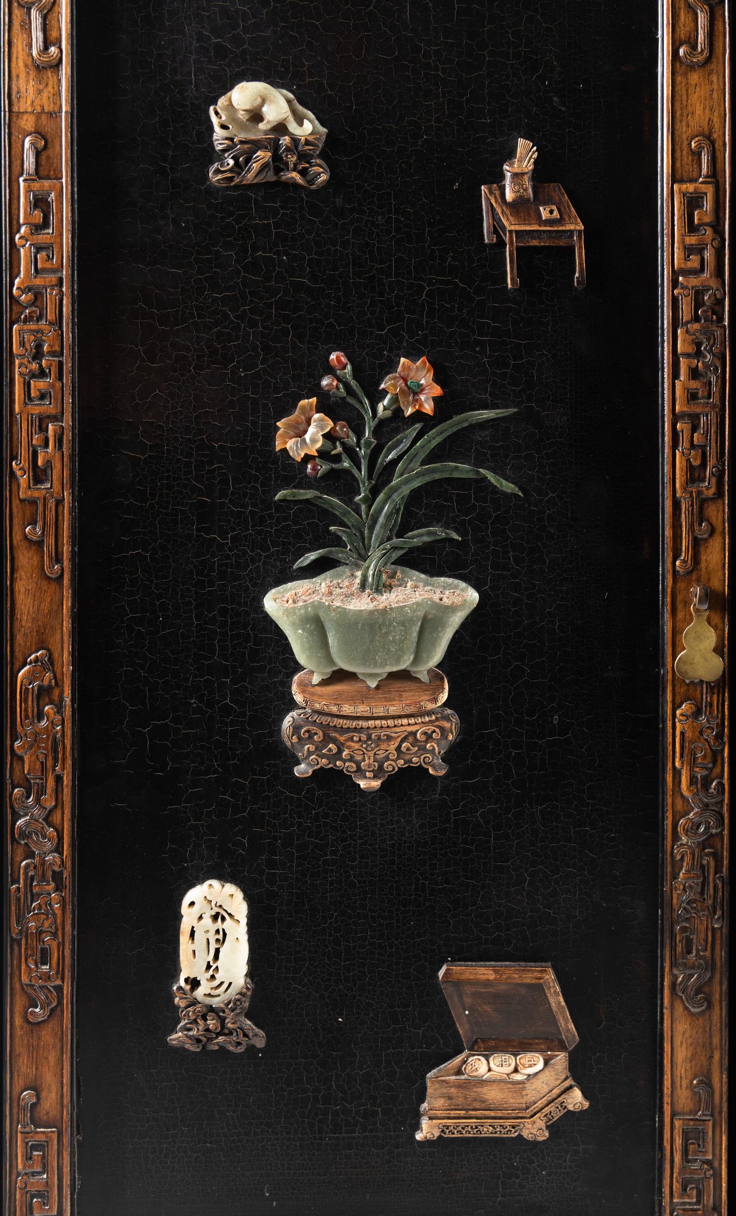 A Large Chinese Hardstone Embellished Lacquered Wood Cabinet