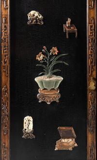 A Large Chinese Hardstone Embellished Lacquered Wood Cabinet