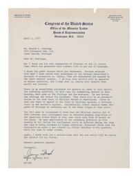 FORD, Gerald (1931-2006). Typed letter signed (“Jerry Ford”), as House Minority Leader, to Donald E. Wieringa. Washington D. C., 2 April 1971. 1 page, 8vo, on Office of the Minority Leader, House of Representatives letterhead, top edge lightly toned with small chip.