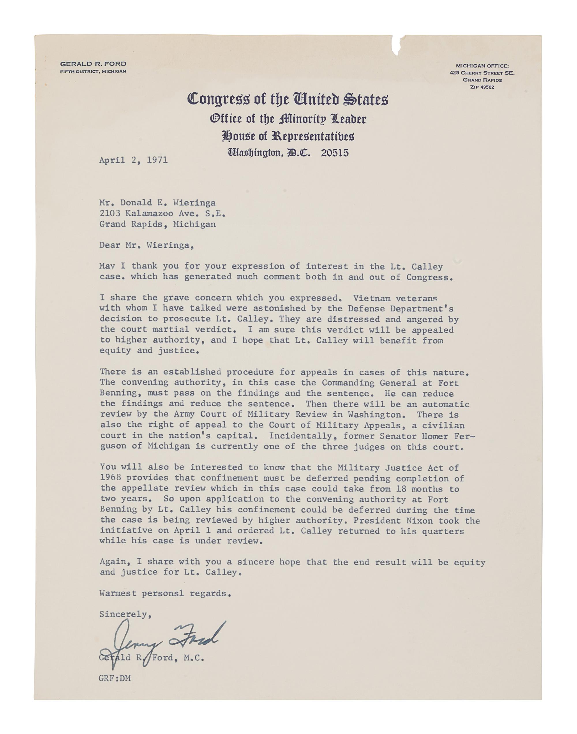 FORD, Gerald (1931-2006). Typed letter signed (“Jerry Ford”), as House Minority Leader, to Donald E. Wieringa. Washington D. C., 2 April 1971. 1 page, 8vo, on Office of the Minority Leader, House of Representatives letterhead, top edge lightly toned with small chip.