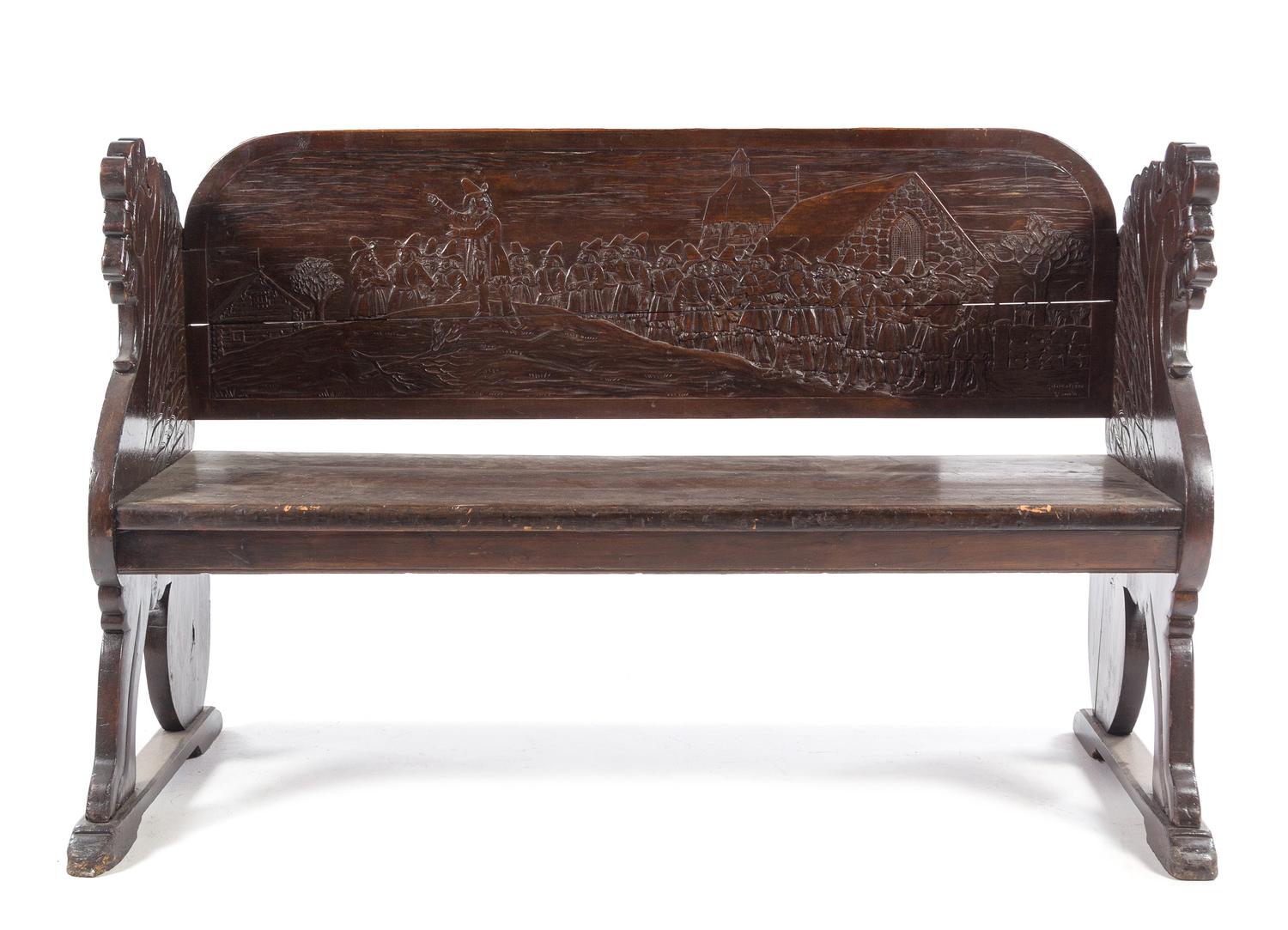 A Northern European Carved Wood Bench Height 34 x width 52 1/2 x depth 23 inches. — G. NORDSTROM
