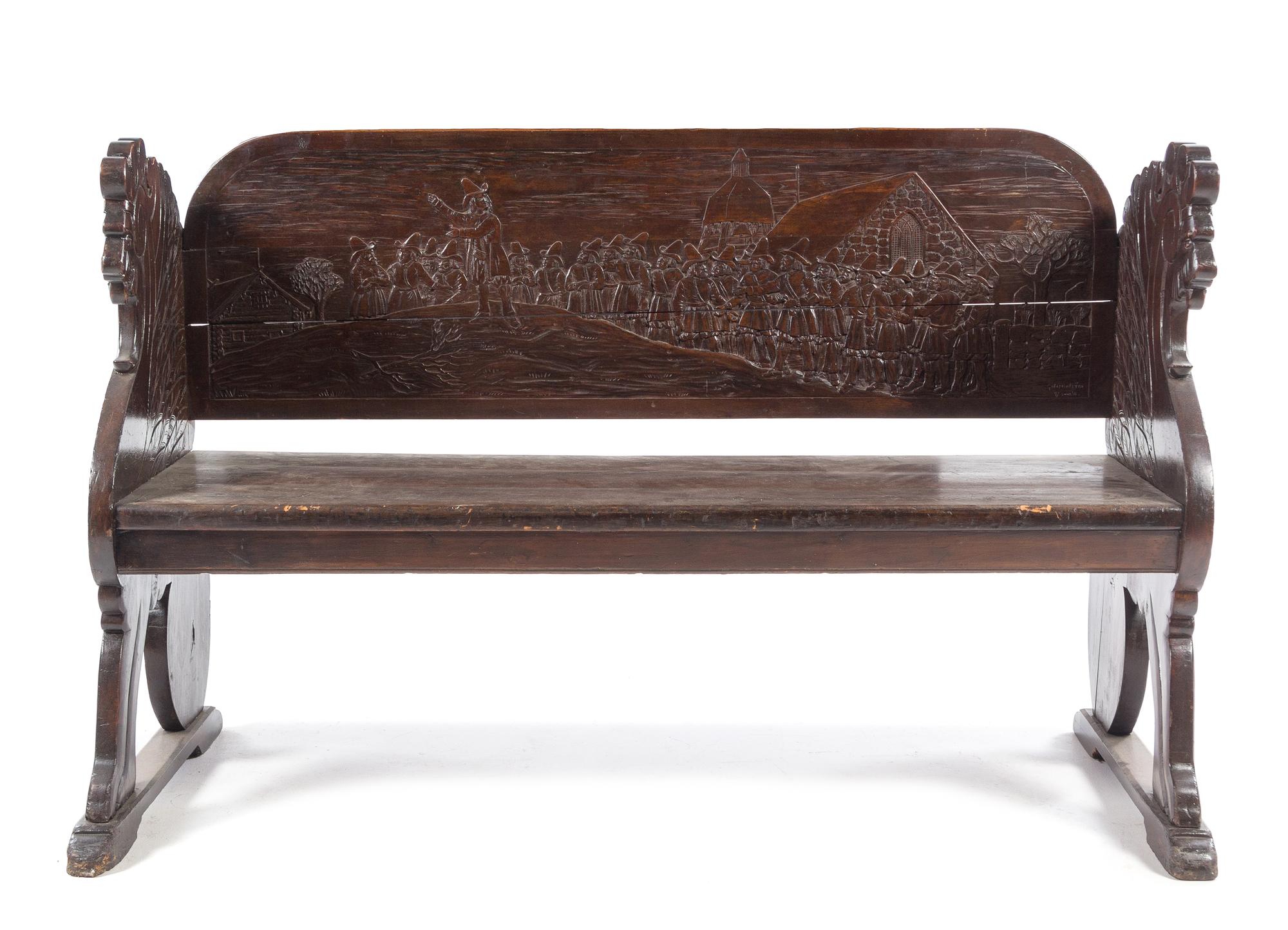A Northern European Carved Wood Bench Height 34 x width 52 1/2 x depth 23 inches. — G. NORDSTROM