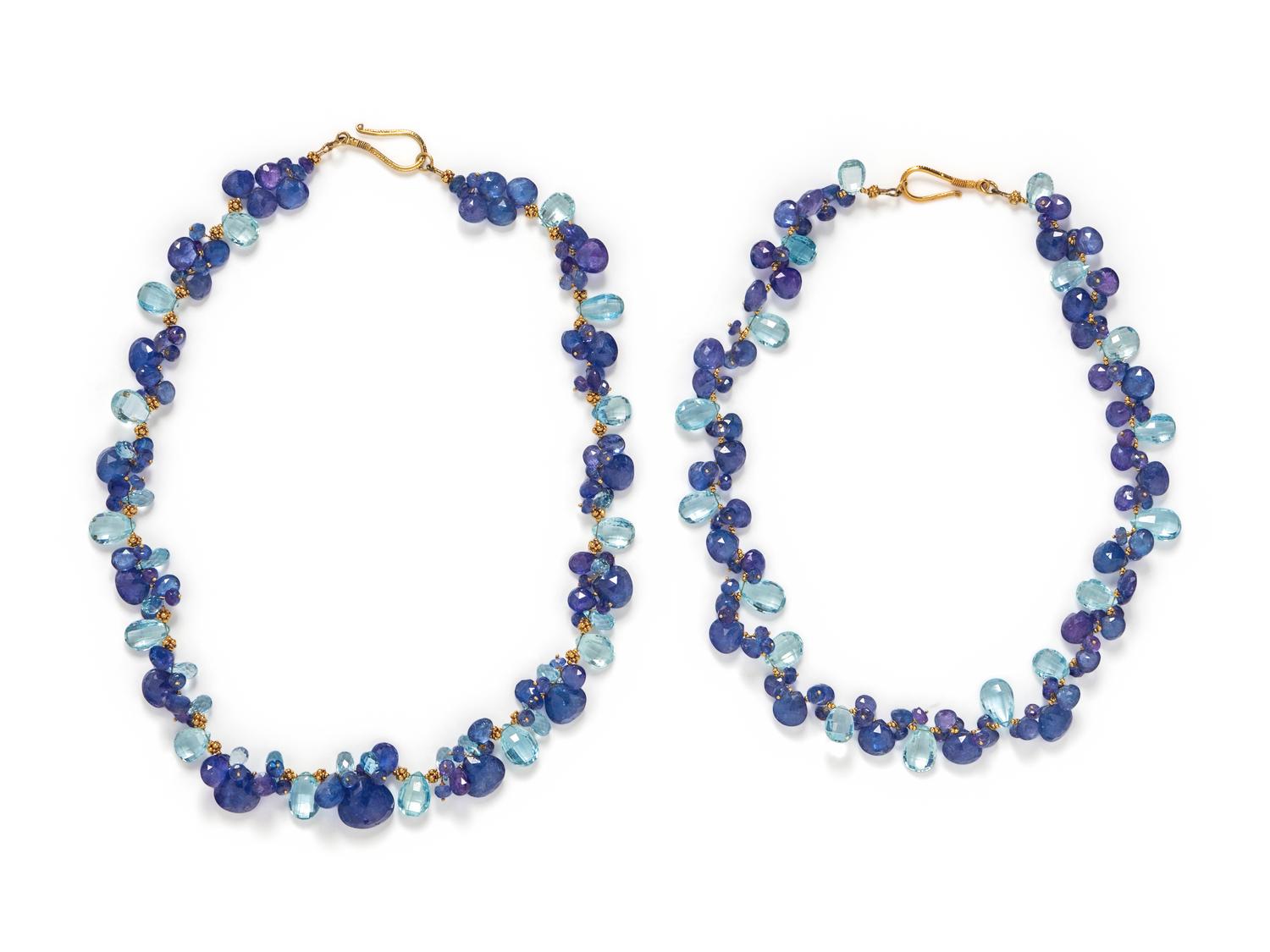 PAIR OF YELLOW GOLD, TANZANITE AND AQUAMARINE NECKLACES