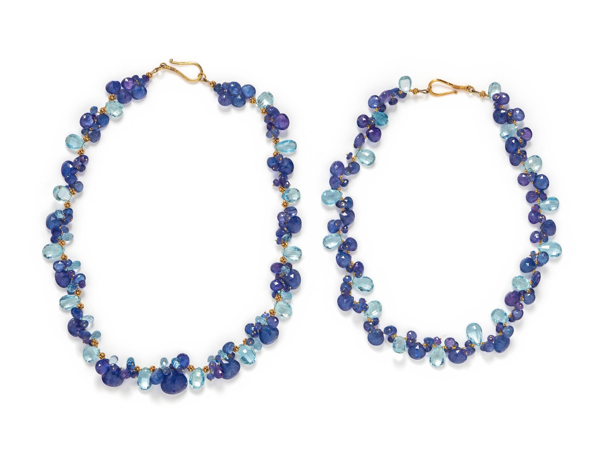 PAIR OF YELLOW GOLD, TANZANITE AND AQUAMARINE NECKLACES