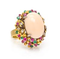 CORAL, DIAMOND, EMERALD AND RUBY RING