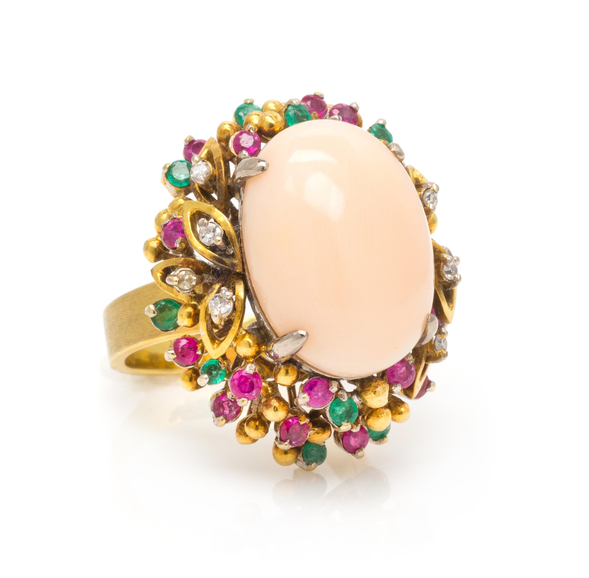 CORAL, DIAMOND, EMERALD AND RUBY RING