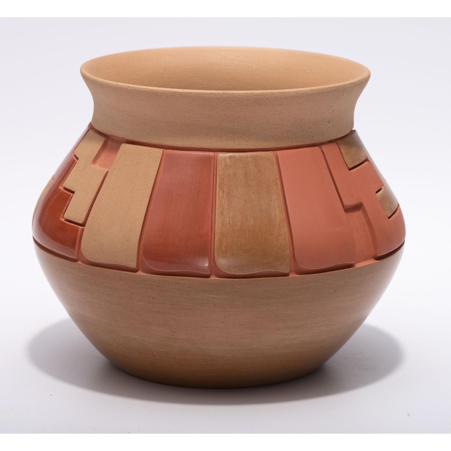 Carved Red and Tan Pottery Jar