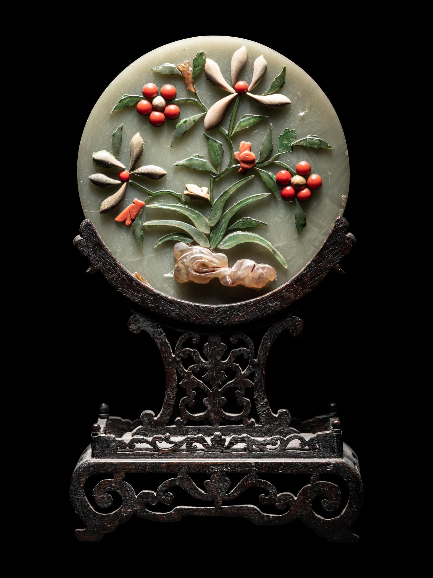 Three Chinese Hardstone Inset Serpentine Table Screens