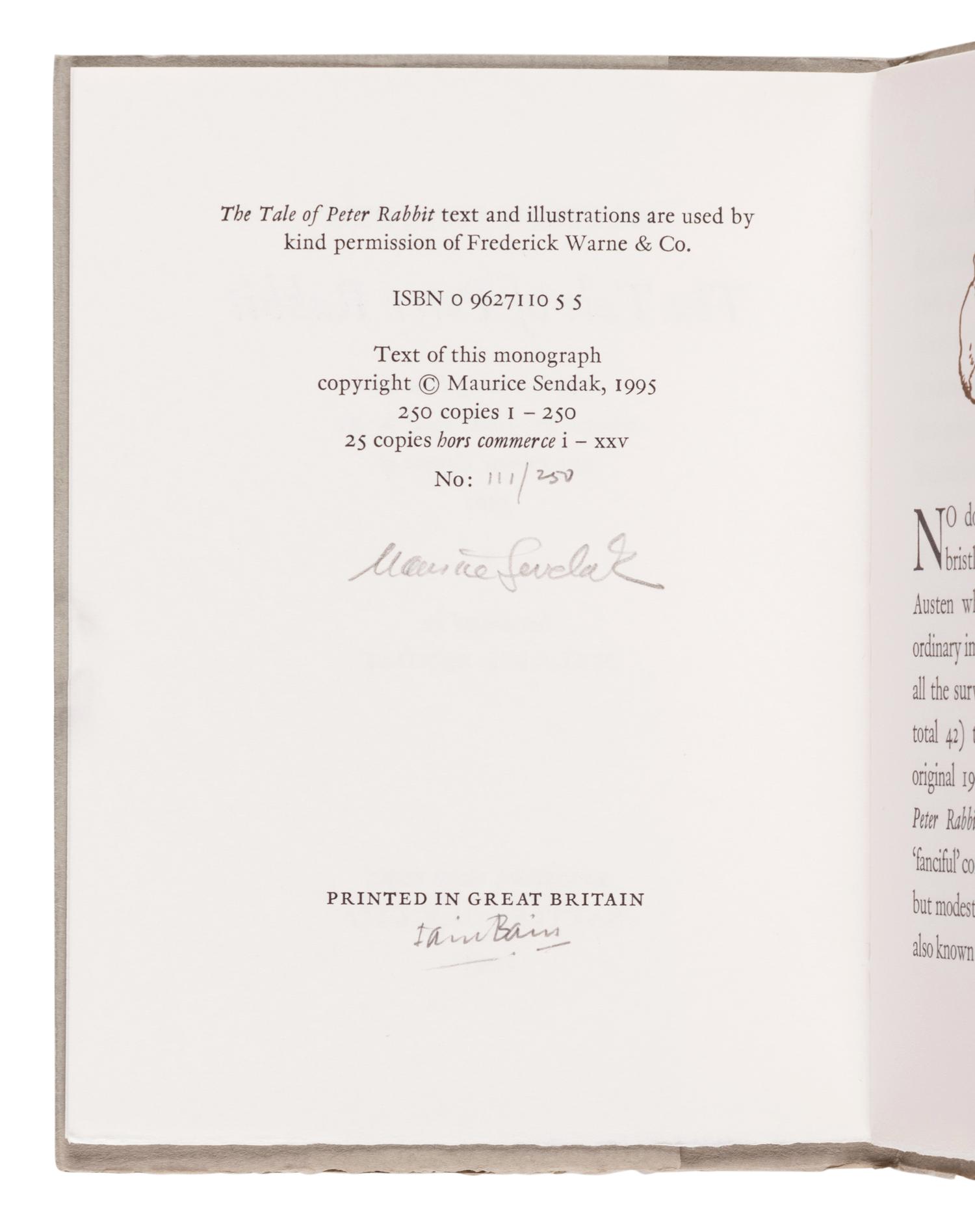 POTTER, Beatrix (1866-1943). Beatrix Potter’s The Tale of Peter Rabbit a New Printing from the Original Line-blocks Made for the First Private Edition of 1901 . Maurice Sendak, illustrator. Kingston, New York: Battledore Ltd., 1995.