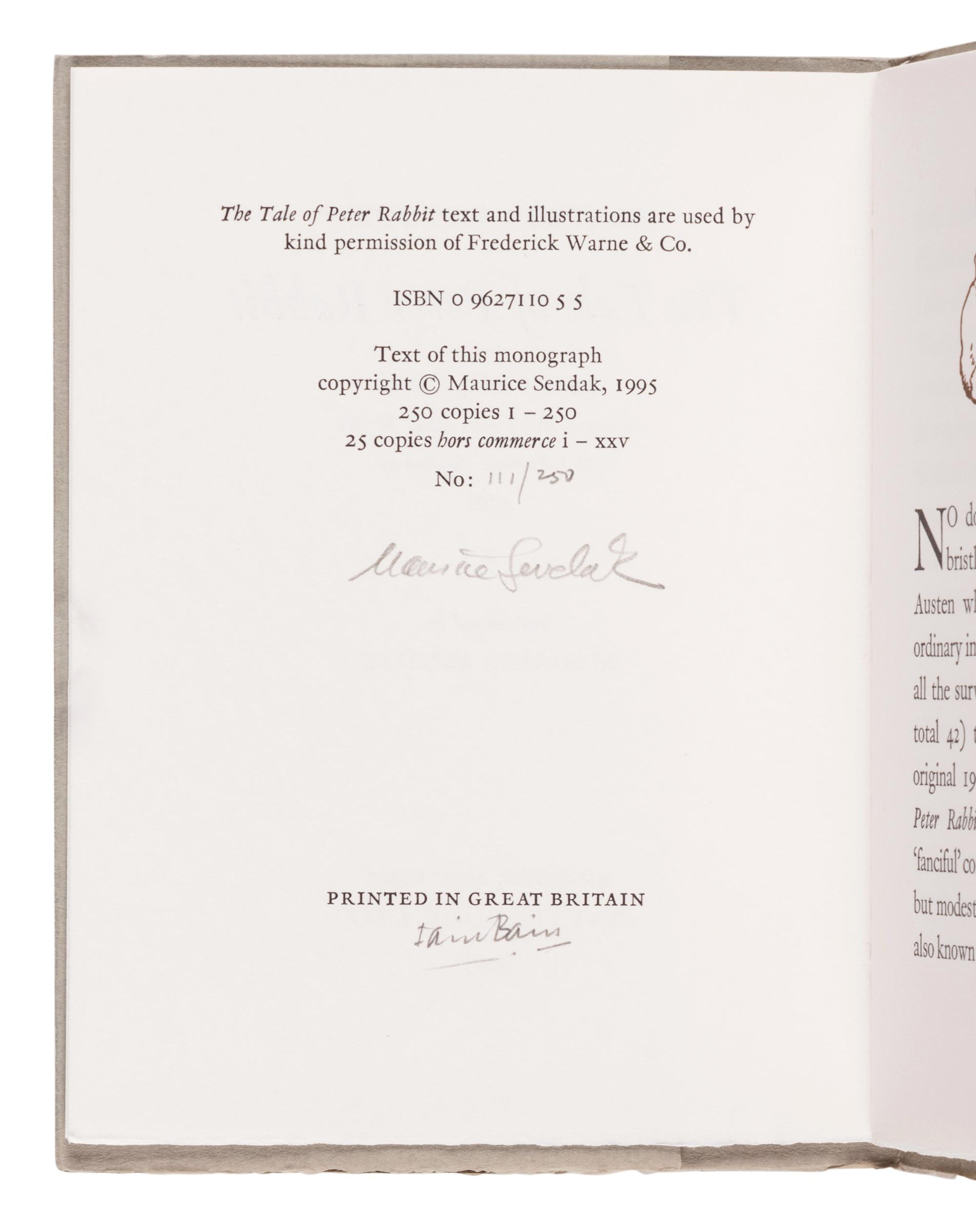 POTTER, Beatrix (1866-1943). Beatrix Potter’s The Tale of Peter Rabbit a New Printing from the Original Line-blocks Made for the First Private Edition of 1901 . Maurice Sendak, illustrator. Kingston, New York: Battledore Ltd., 1995.