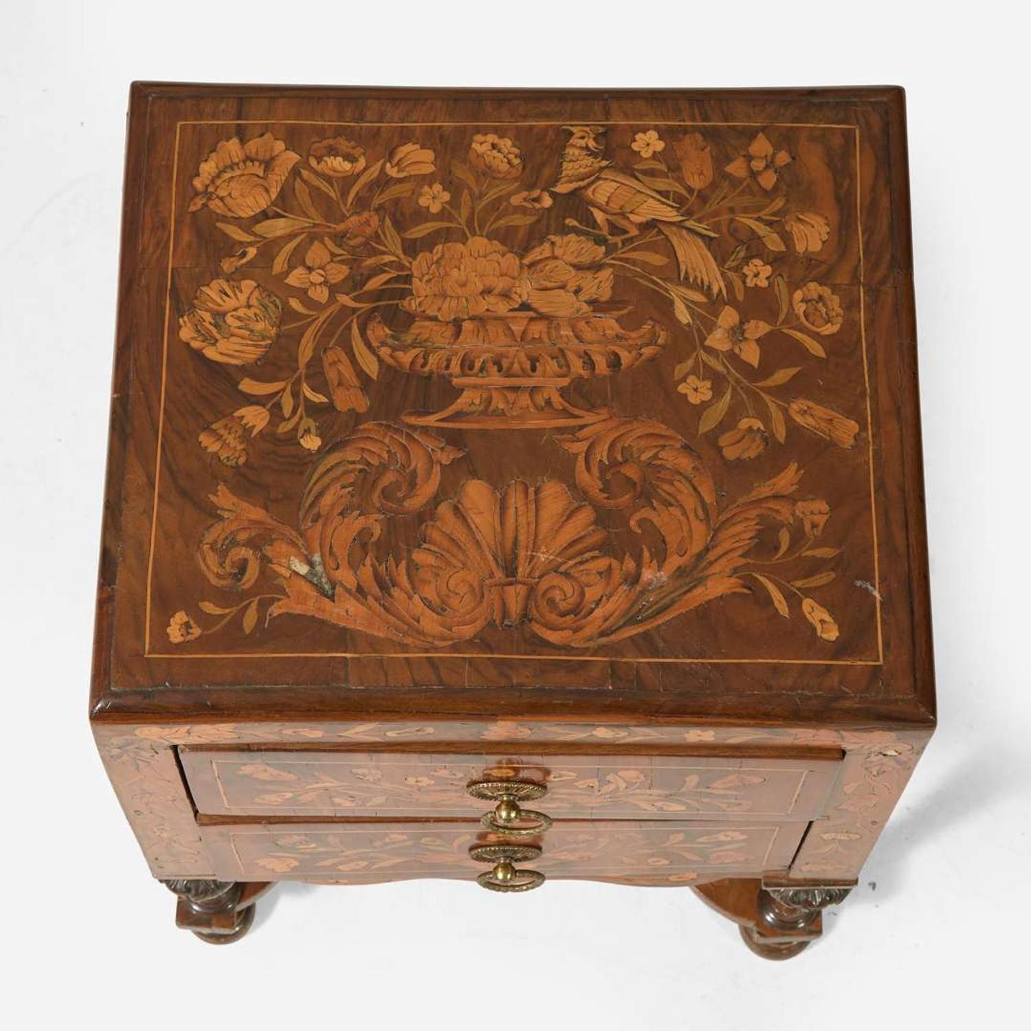 A Dutch William & Mary walnut marquetry stand, box, and dressing mirror, 18th / 19th century